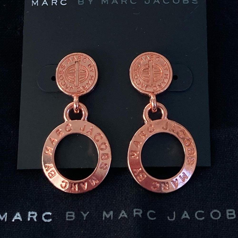 NWT MBMJ Rose Gold Hollow Logo Drop Hoop Earrings - Picture 4 of 5